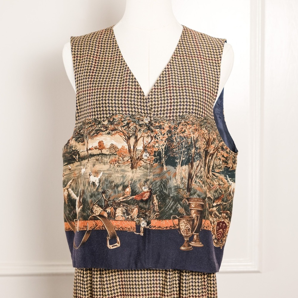 Willowbend Skirt Vest Set Womens Vintage Houndstooth Hunting Scene Medium USA - Picture 5 of 15